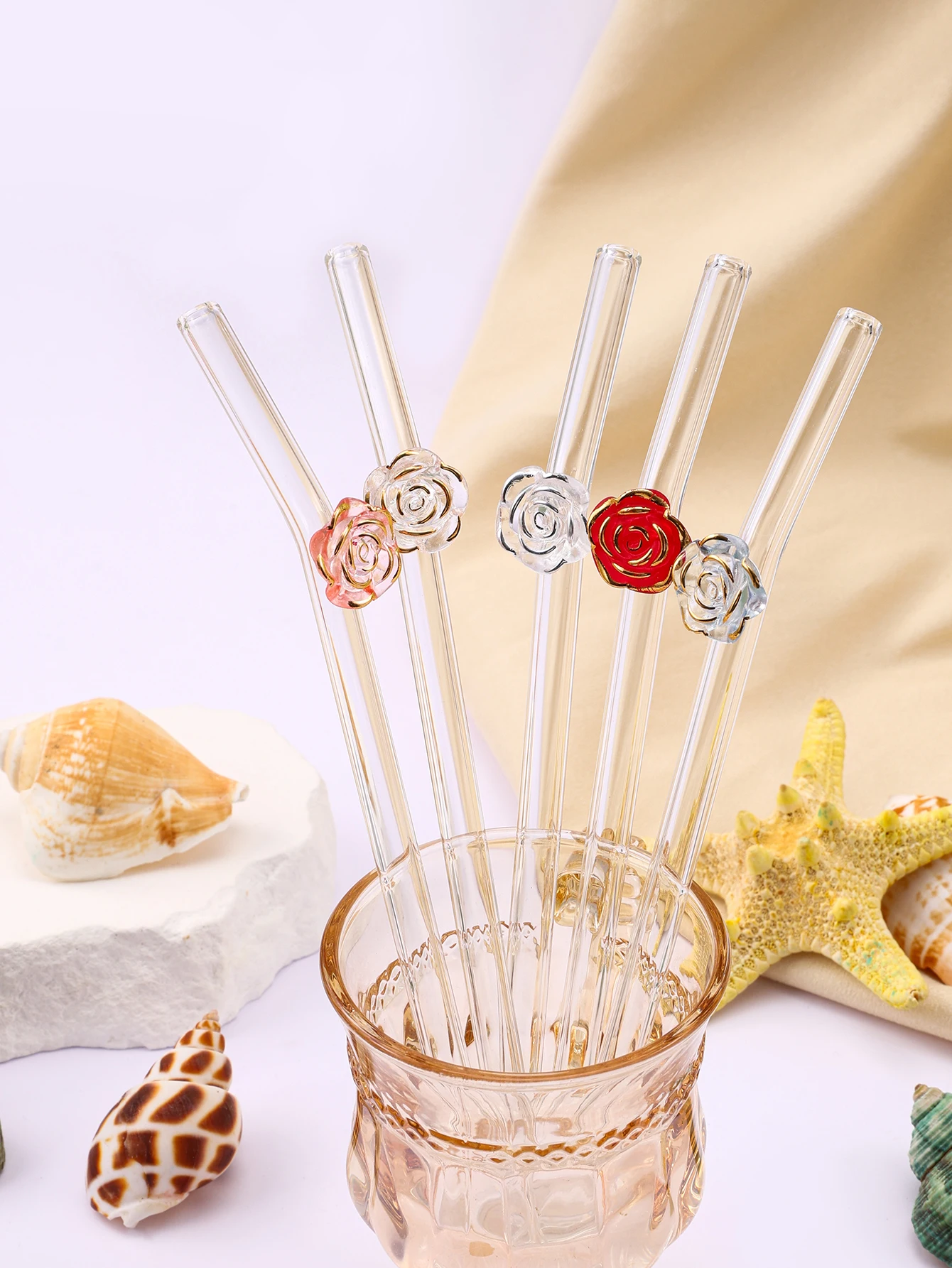 1/2/6PCS Iridescent 5-Color Rose Glass Straw, Elegant Reusable Bent Straw for Smoothies, Ideal for Cafes, Weddings & Celebration