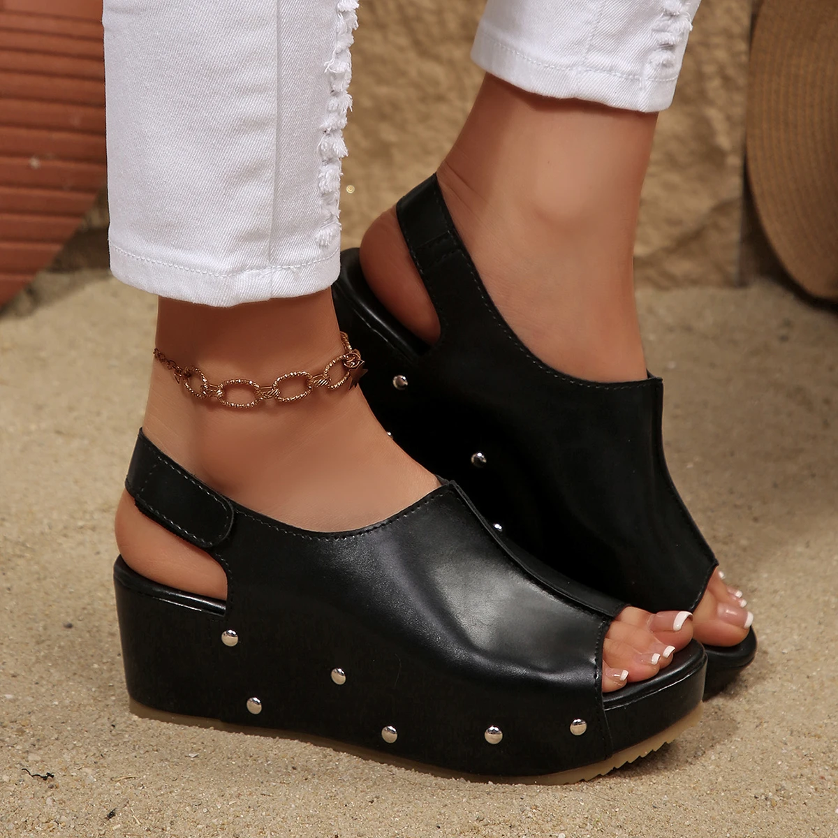Women Sandals Summer Platform Wedge Sandals Women Rubber Sole Buckle Peep Toe Elegant Woman Shoes Large Size Sandalias De Mujer