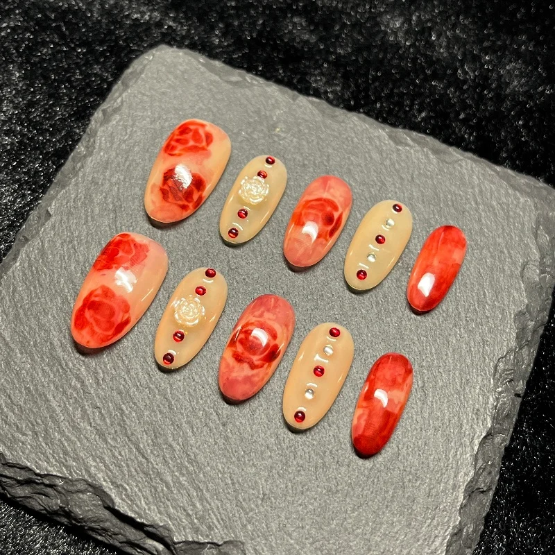 

10PCS Simple Nude Medium Oval Handmade Press on Nails Red Blush Gradient Flowers with Diamonds False Nails Wearable Manicure Tip