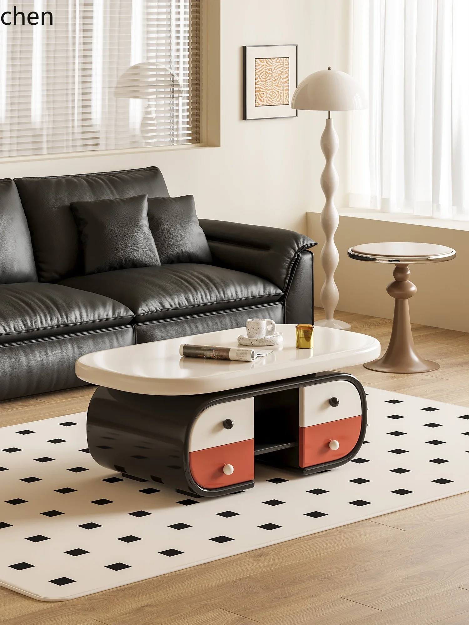 

H5.26 coffee table living room household square round light luxury storage double-sided drawer tea table