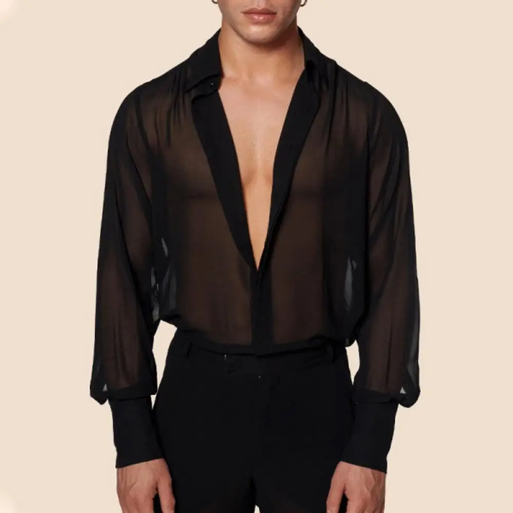 Lapel Long Sleeve Shirt for Men Black Transparent Shirts Men's Black Mesh See-through Shirt with Long Sleeves V-neck for Summer