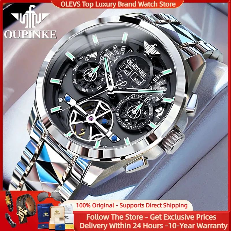 

OUPINKE 3233 Flywheel Design Mechanical Watch for Men Date Year Skeleton Black Tungsten steel 50ATM Waterproof Watch Man