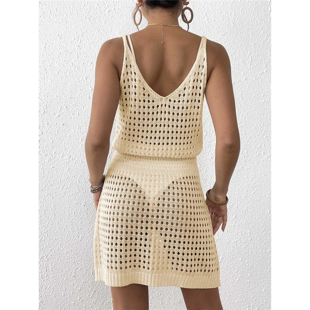 S - XL V-Ausschnitt, ausgestelltes, gehäkeltes Strick-Tunika-Strandkleid, Strandkleid, Mini-Strandkleid, Strandmode, Damen, V7048 – Detail 23