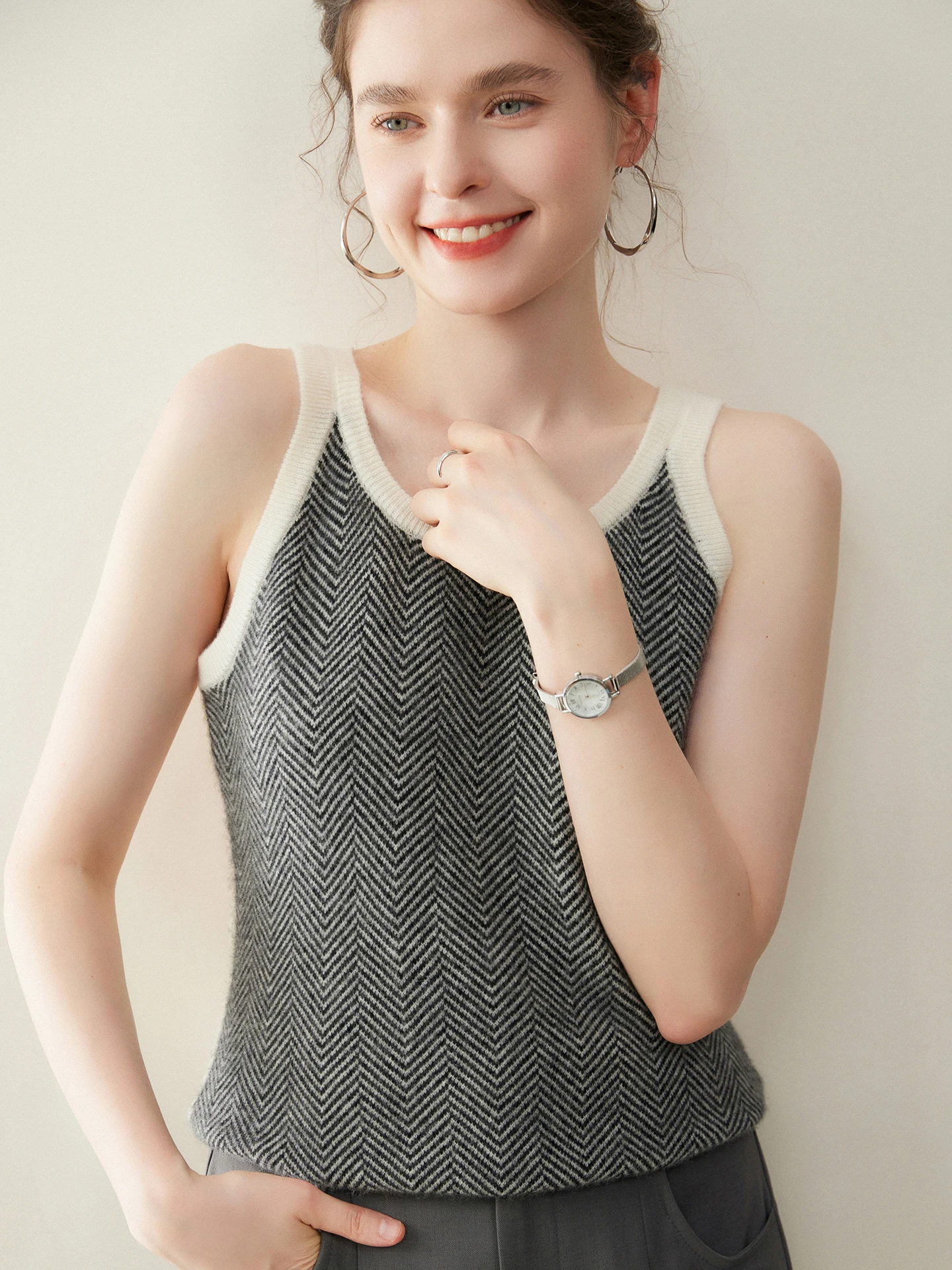 

Женская вязаная майка Camere без рукавов, круглая, внутренняя одежда для похудения, универсальная застежка-молния, обычная тонкая