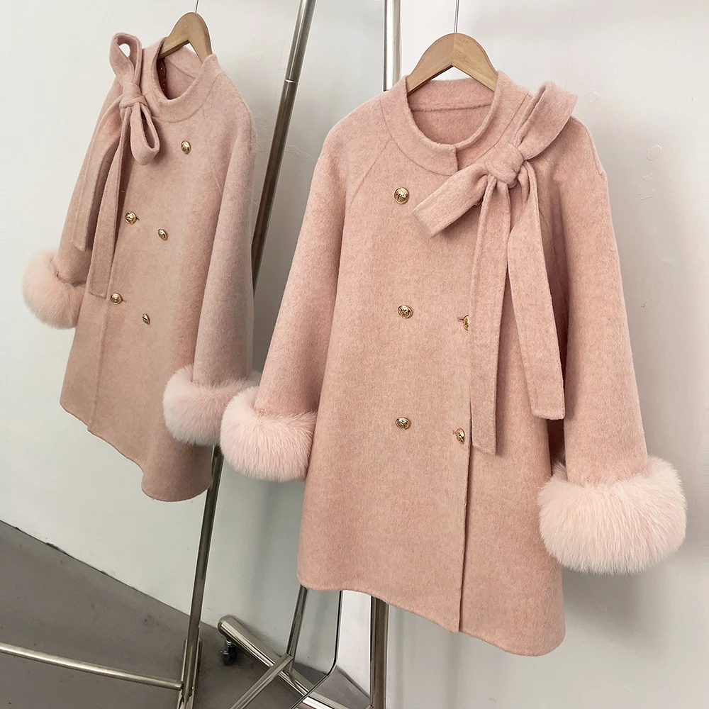 OFTBUY Schleifen-Wolljacke Mittellang Rundhals 100% Wollmantel Damen Neu Herbst Winter Doppelreihiger Echter Fuchspelz Wollkleidung – Detail 8