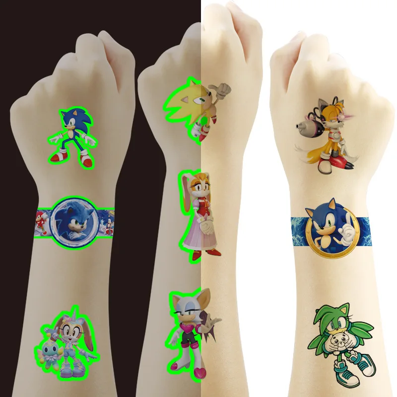 4 folhas/conjunto noctilucente e comum tatuagem sonic adesivos à prova dwaterproof água bonito adesivo engraçado dos desenhos animados crianças presentes de aniversário recompensa brinquedo