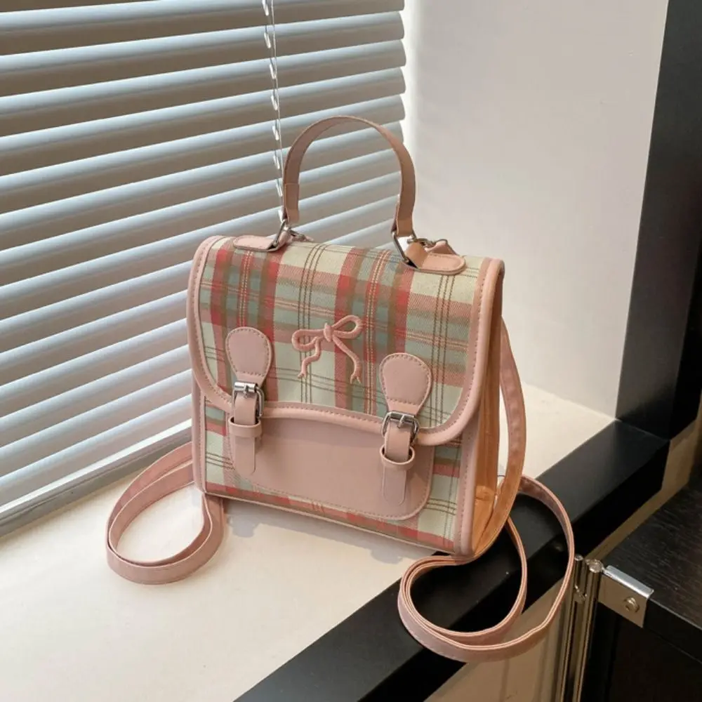 Simple PU College Style Backpack Plaid Handbag Grid Bow Backpack Shoulder Bag Teens School Bag Children