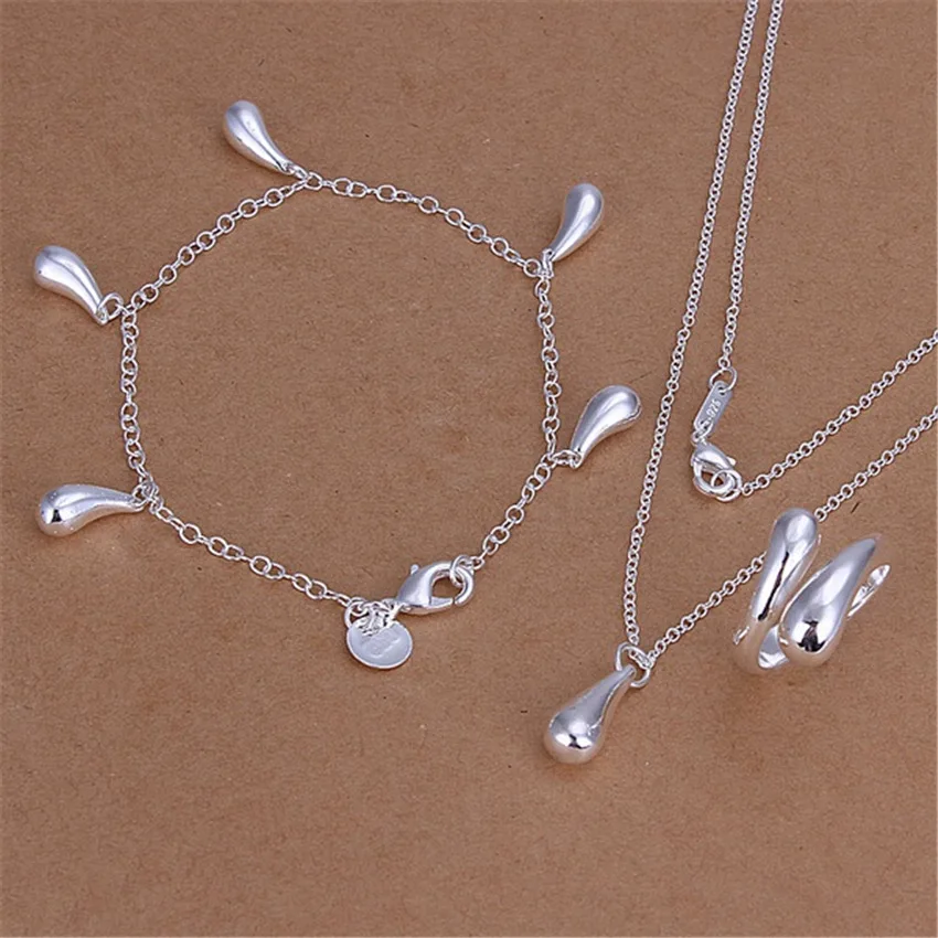 

Fine 925 Sterling Silver Jewelry Set For Women Classic Water Drop Pendant Necklace Bracelet Rings Hot Charm Fashion Party