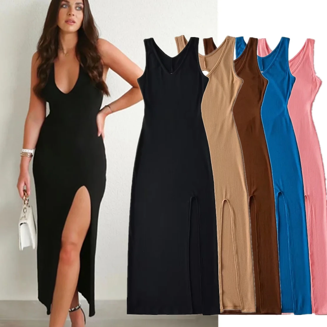 

Withered Multicolor Ins Blogger Fashion Sheath Knitted Hollow Out Sexy Tank Dress Women