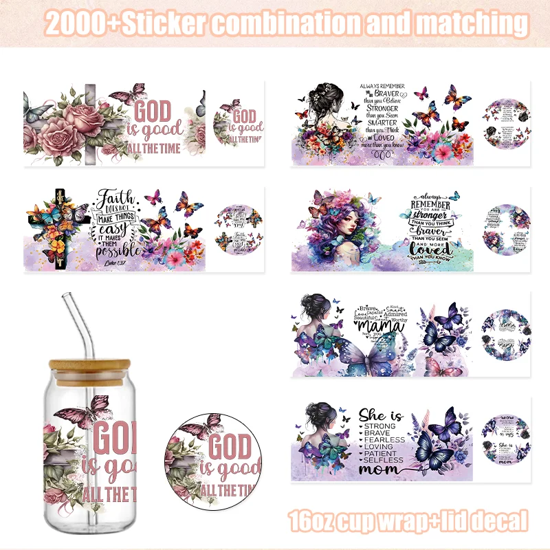 

UV DTF 16oz Cup Wraps Libbey Glass Can Bamboo Lid Cover Adhesive Vinyl Flower