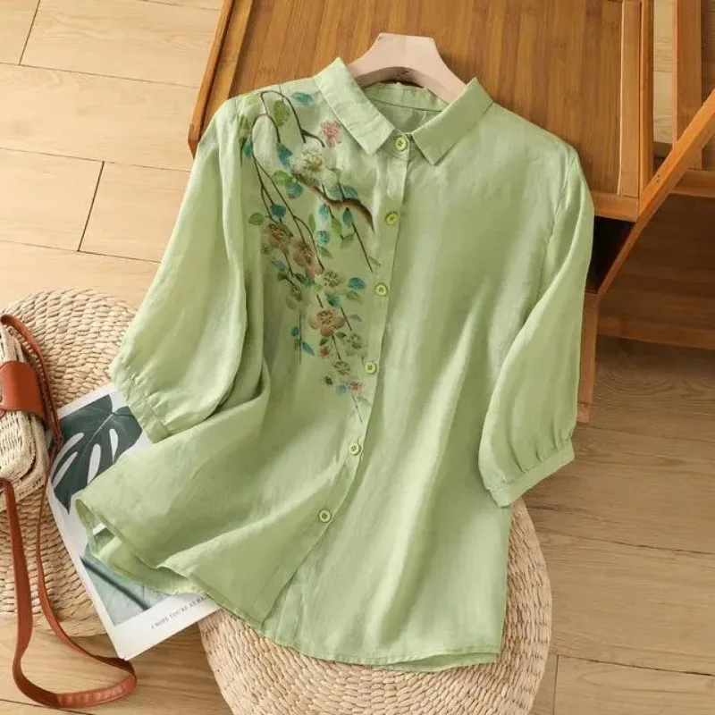 

Women's Vintage Floral Embroidered 3/4 Sleeve Linen Shirt Casual Summer Blouse