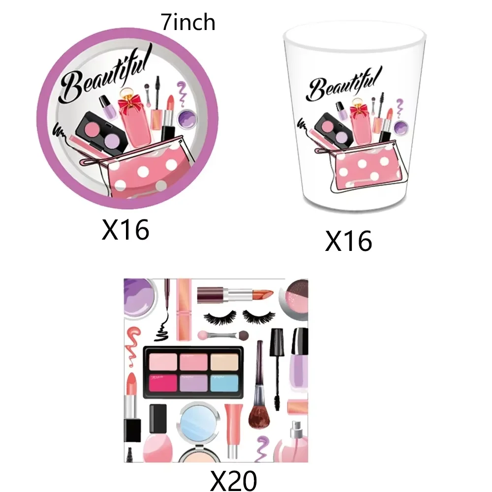 Spa Make-up Geburtstagsparty-Zubehör Kosmetik Mädchen-Geschenke Tischgeschirr Teller Becher Luftballons für Mädchen-Geburtstagsfeier Hochzeitsdekoration – Detail 15