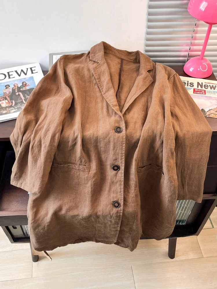 

Retro Cotton Linen Suit Jacket Women's Spring Autumn Loose Casual Long Sleeve V-neck Outerwear Linen Small Western Style Top