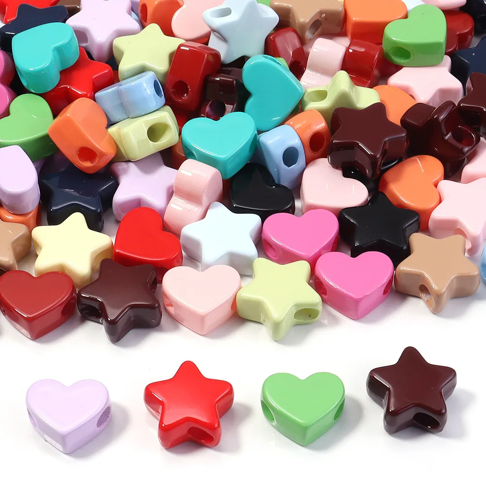 Trendy New Assorted Solid Colors Kawaii Love Heart Star Jewelry Plastic Beads Fit Kids Ornament Accessories DIY 100pcs 18*19mm