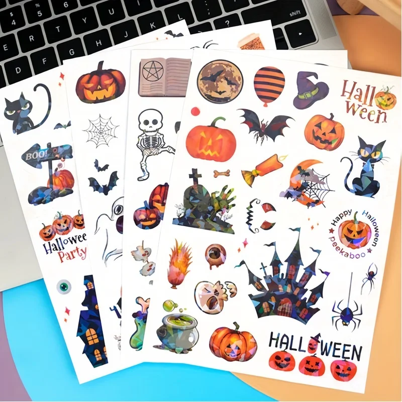 4pcs/set Halloween Stickers Pumpkin Ghost Skull Black Cat Decals Waterproof Spooky Labels for Laptop Bottle Journal Scrapbook