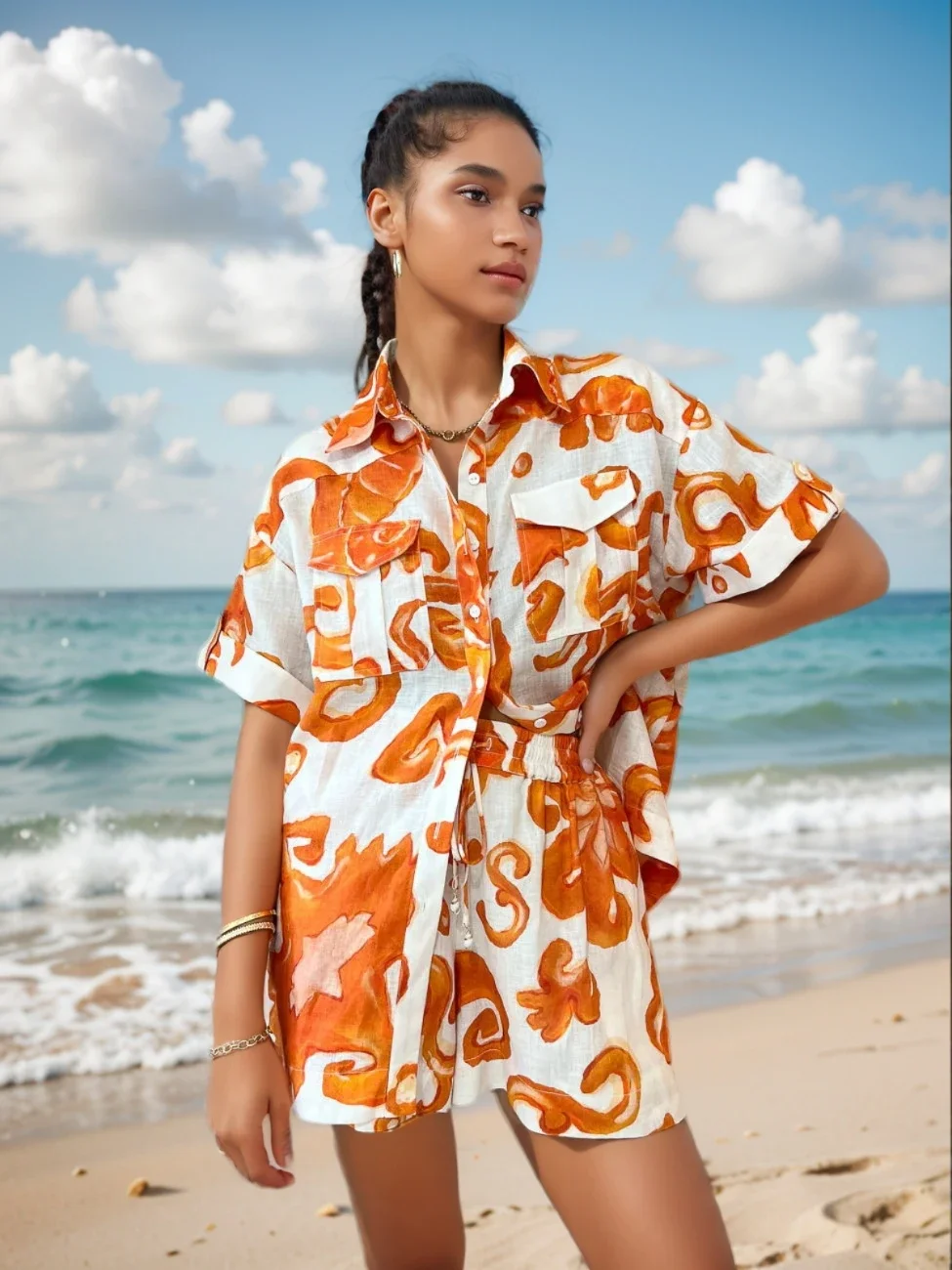 

Женский пляжный костюм из 2 предметов, Свободный Повседневный костюм с принтом и шортами, рубашка с коротким рукавом, модная шикарная блузка, лето