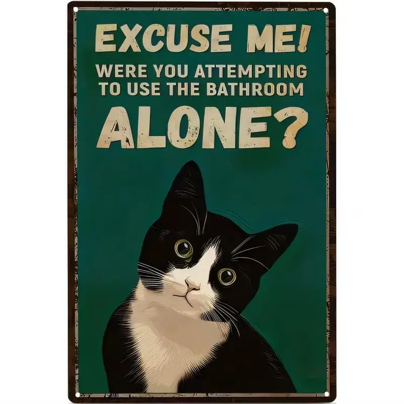 Vintage Black & White Cat Bathroom Metal Tin Sign - Retro Iron Wall Decor with Humorous Alone? Text, Perfect for Home, Bathroom,