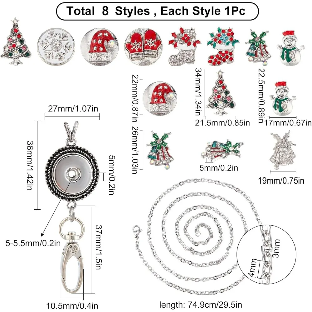 1 caja de 8 estilos de cordón navideño, cordón para tarjeta de identificación, llavero, juego de cordón, kit de fabricación de cordón con botón a presión de diamantes de imitación elegantes