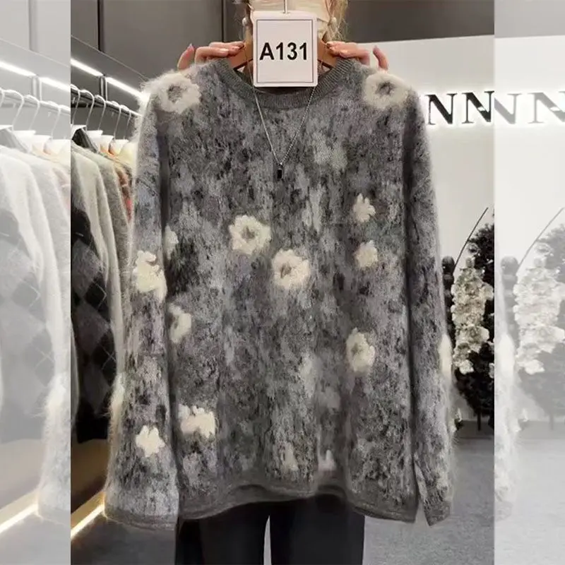 

Round Neck Pullover Embroidery Floral Autumn Winter Loose Sweater Women's Soft Casual Style Long Sleeve Knitwear F504
