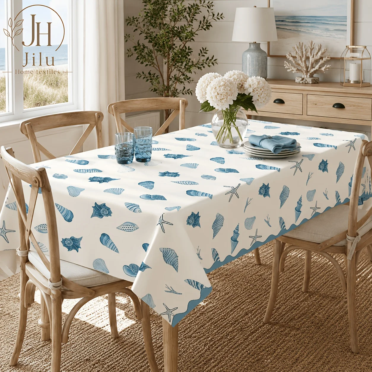 One piece of blue shell star print tablecloth, featuring a refreshing seaside theme, made of polyester material.