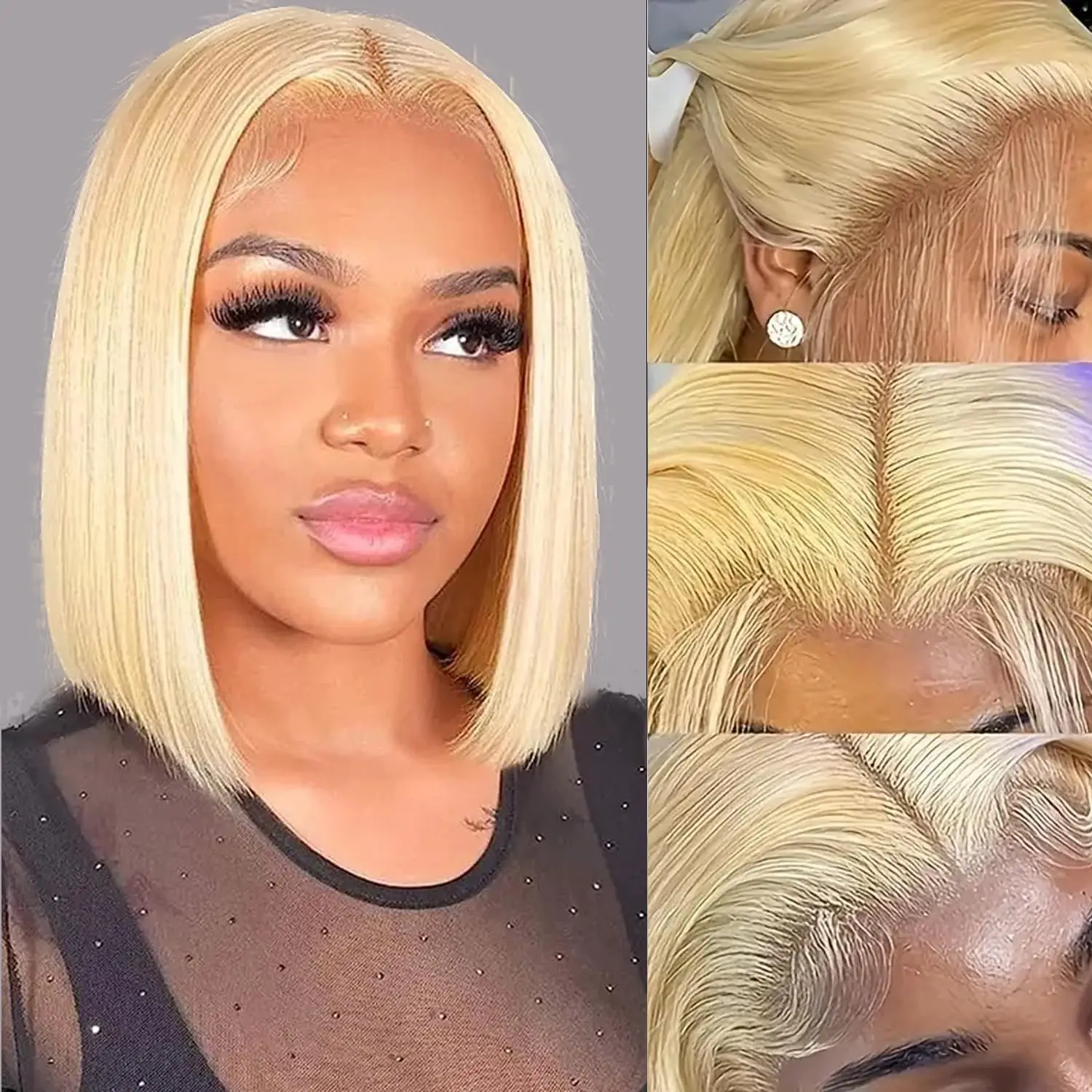 

613 Blonde Bob Wig Human Hair 14 Inch 13x4 Blonde Bob Lace Front Wigs Human Hair Pre Plucked 613 Colored 180% Density Straight