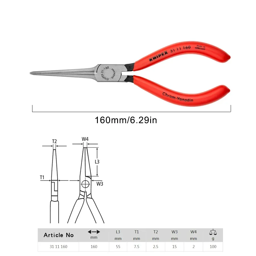 KNIPEX NO.3111160 Extra long needle nose pliers Mouth precision pliers for assembly work, bending and adjustment work