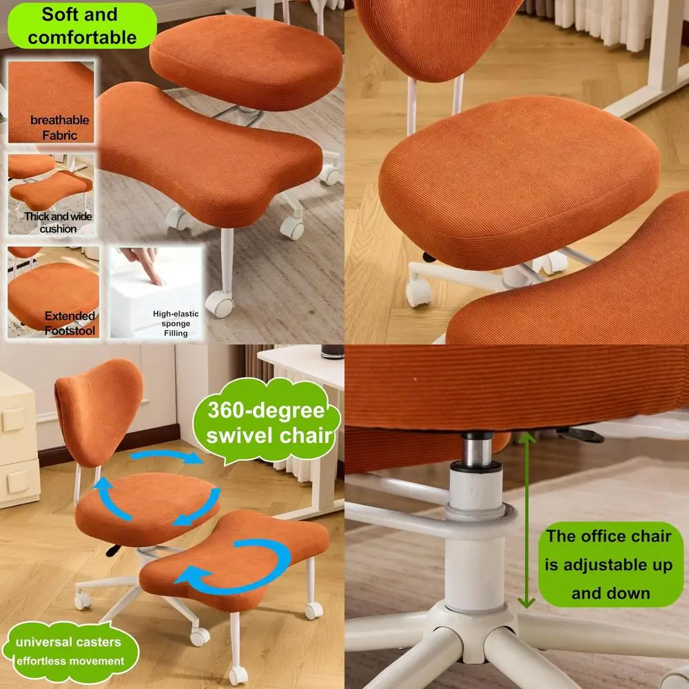 

Регулируемый по высоте 360° ° Поворотное кресло с перекрестными ножками и поясничной опорой для медитации и работы в офисе, оранжевый вельвет