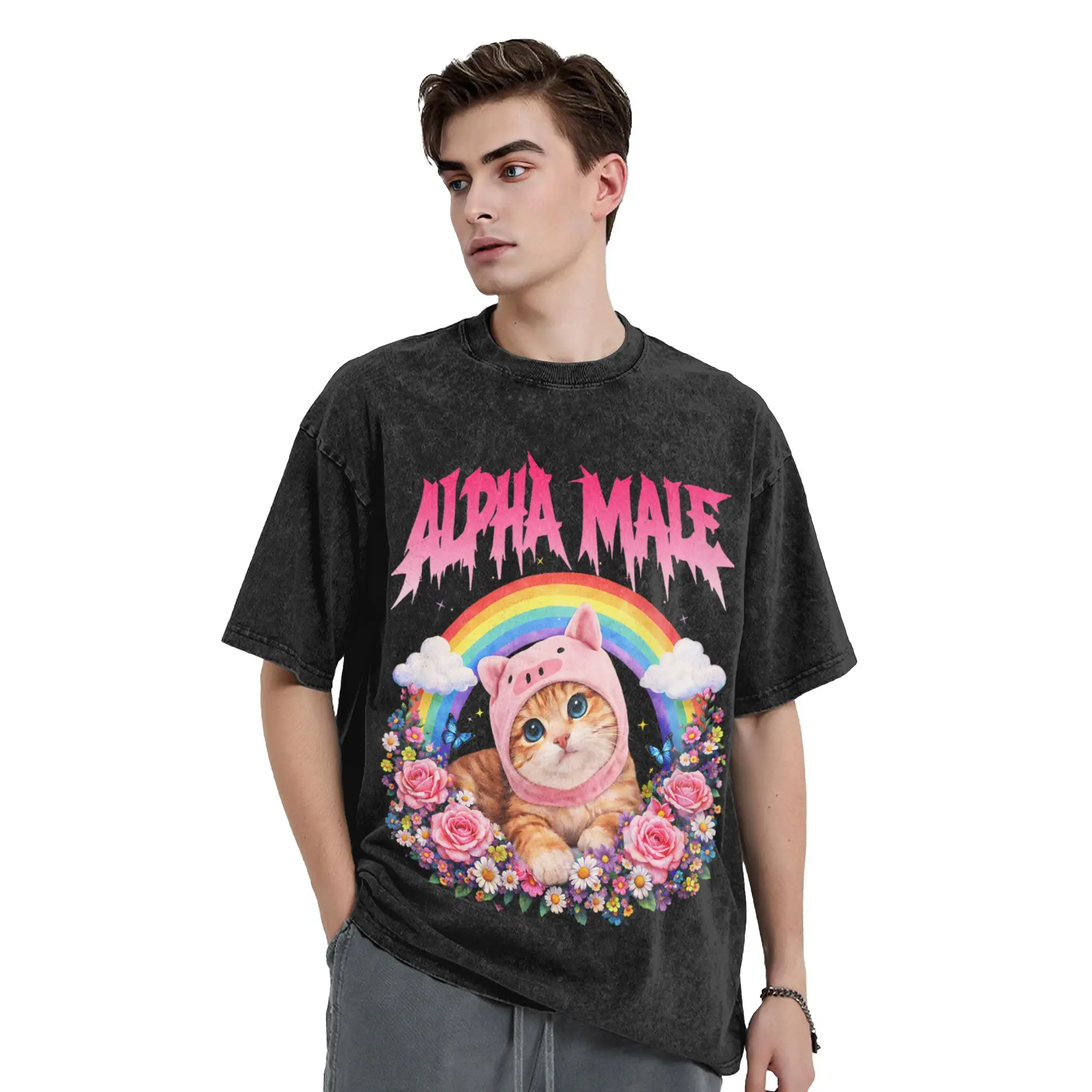 Alpha Male Funny Cat Kitten Rainbow Floral T-Shirt Beach Aesthetic T Shirts Cotton Popular Tshirt For Man Short Sleeve DIY Tees
