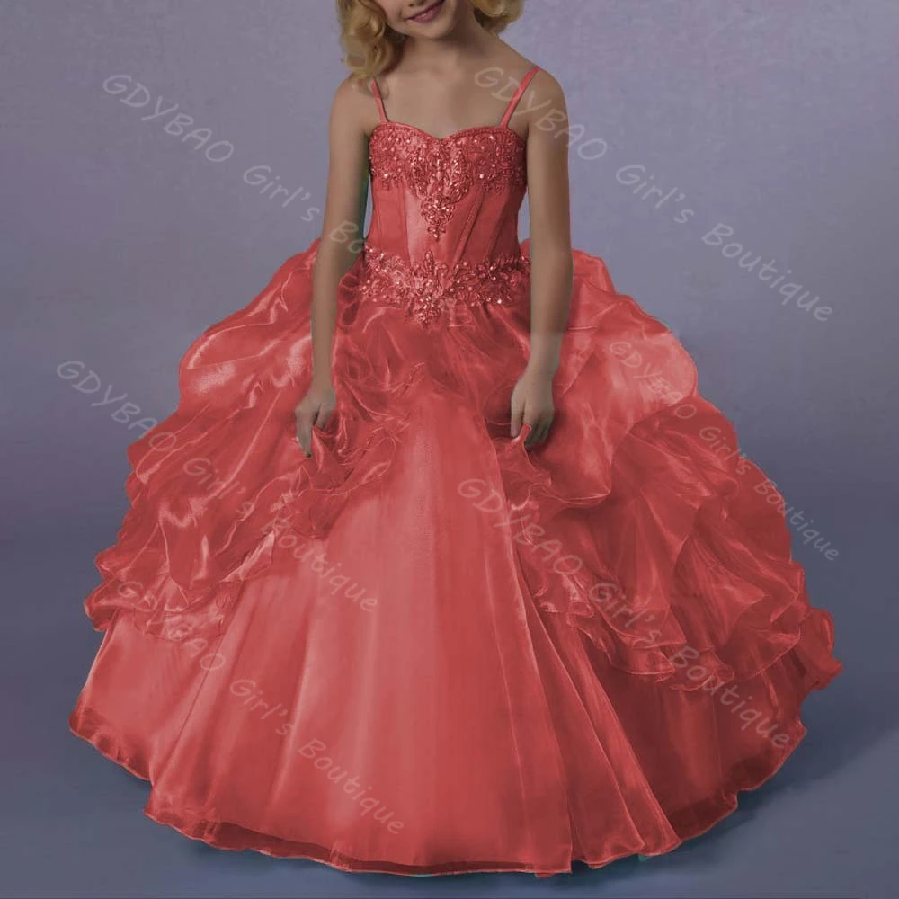 الفتيات فستان المسابقة السباغيتي الأشرطة مطرز يزين الأميرة زهرة فتاة فستان المتدرج الأورجانزا حفلة الكرة ثوب مخصص Vestidos