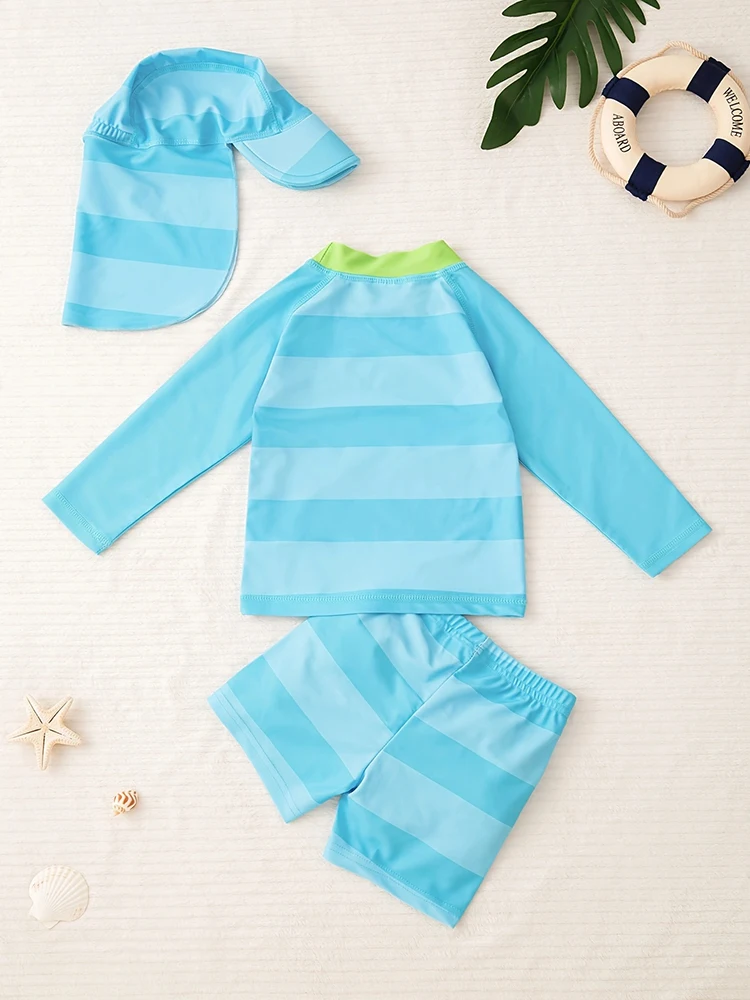 3pcs boys sun protection long sleeved top, shorts, sun protection hat, swimsuit set, baby swimming pool, beach play