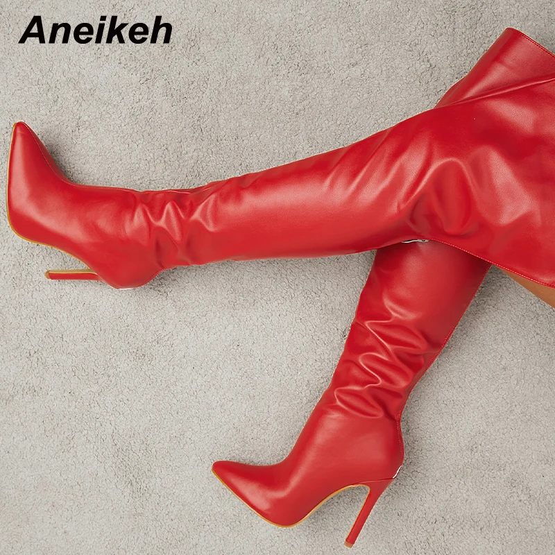 Aneikeh 2024 New Long Shoes for Women Over the Knee Sexy Pointed Toe Thin High Heel Solid PU Modern Boots Bottine Femme Talon