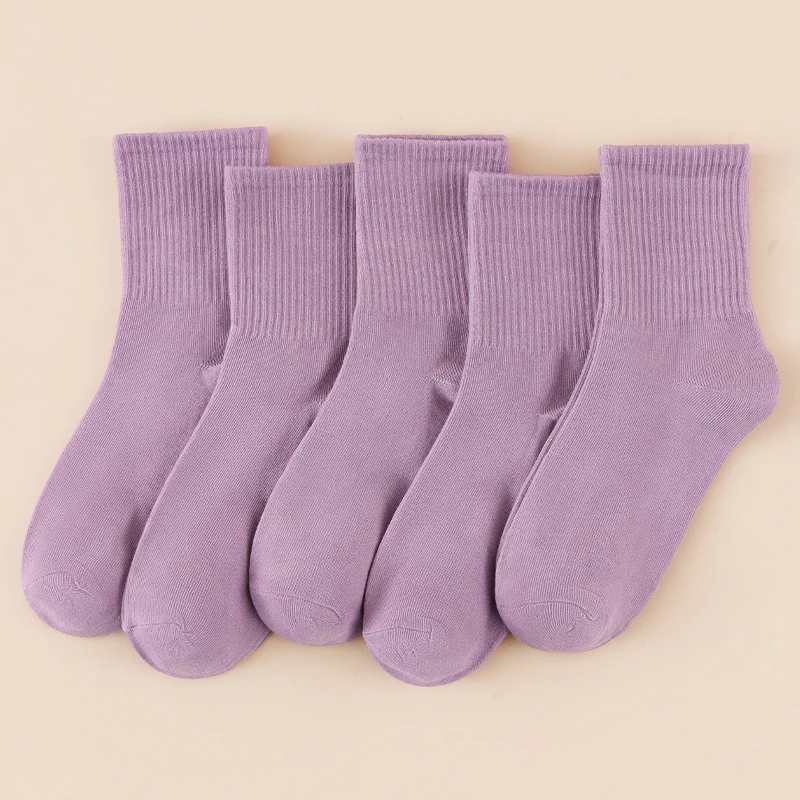 5 Pairs Of Seasonal Unisex Purple Mid-Calf Socks, Stylish Solid Vertical Stripes, Versatile Casual Sweat-Absorbing Long Socks