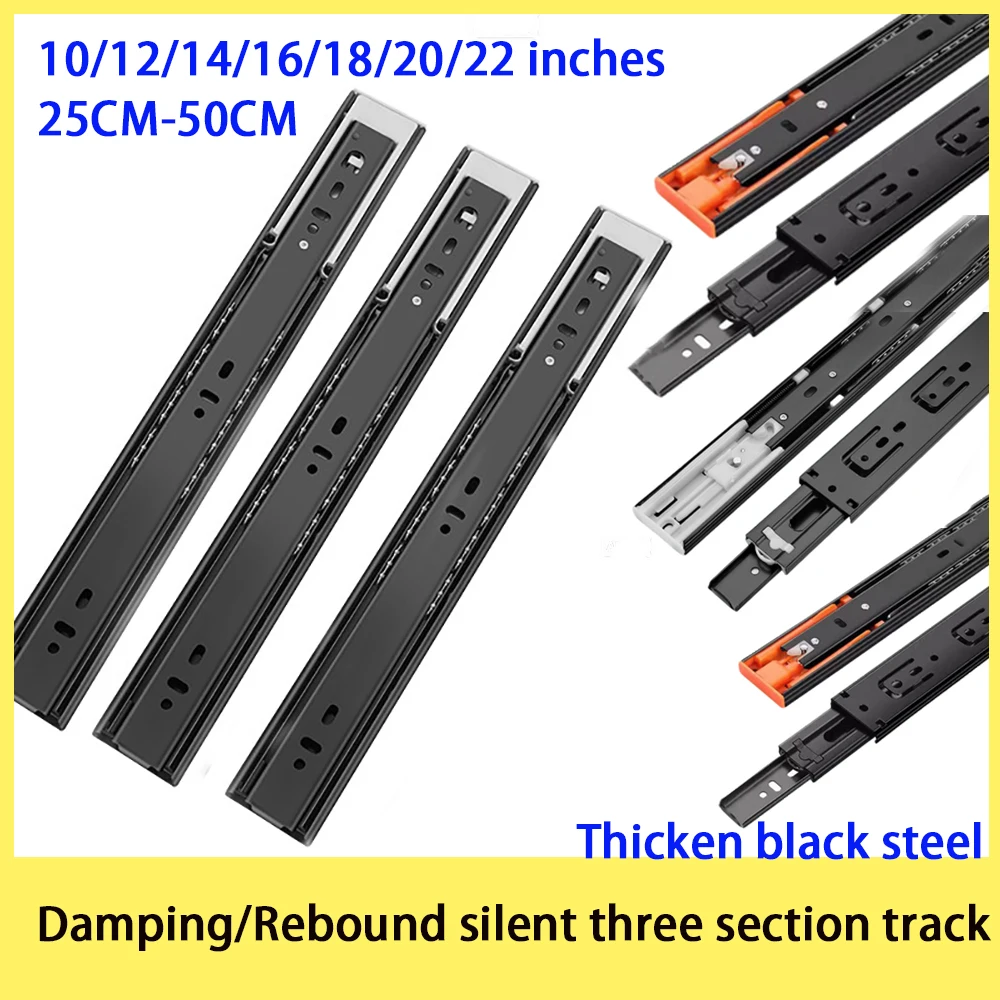 2Pc Drawer Rail 10-22 Inch Thicken Black Steel Slide Rail For Closing Drawers Three Section Wardrobe Cabinet Slide Rail Hardware
