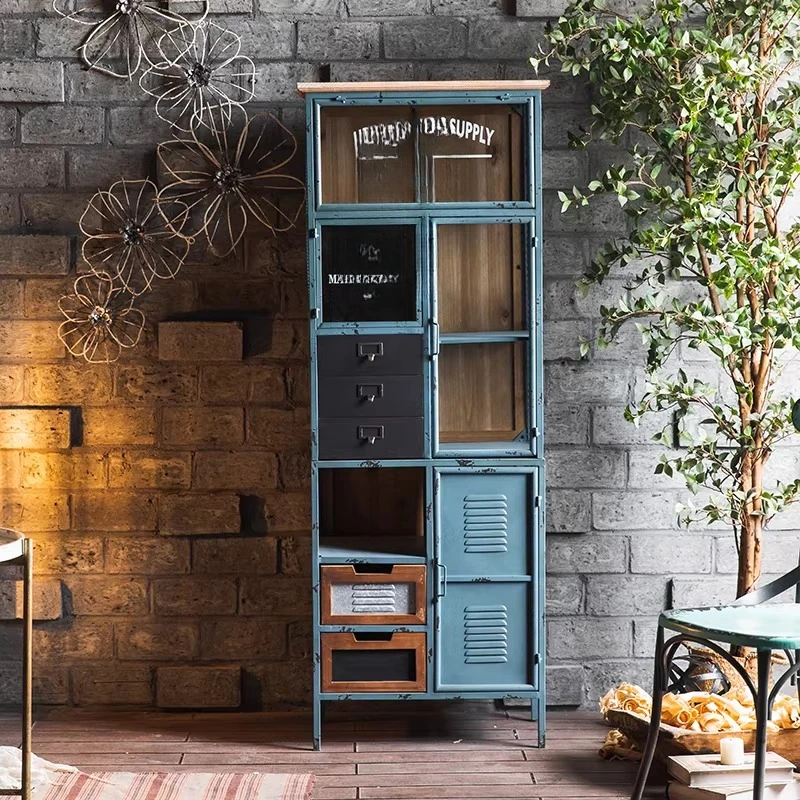 

Retro cabinet, glass wrought iron creative side cabinet