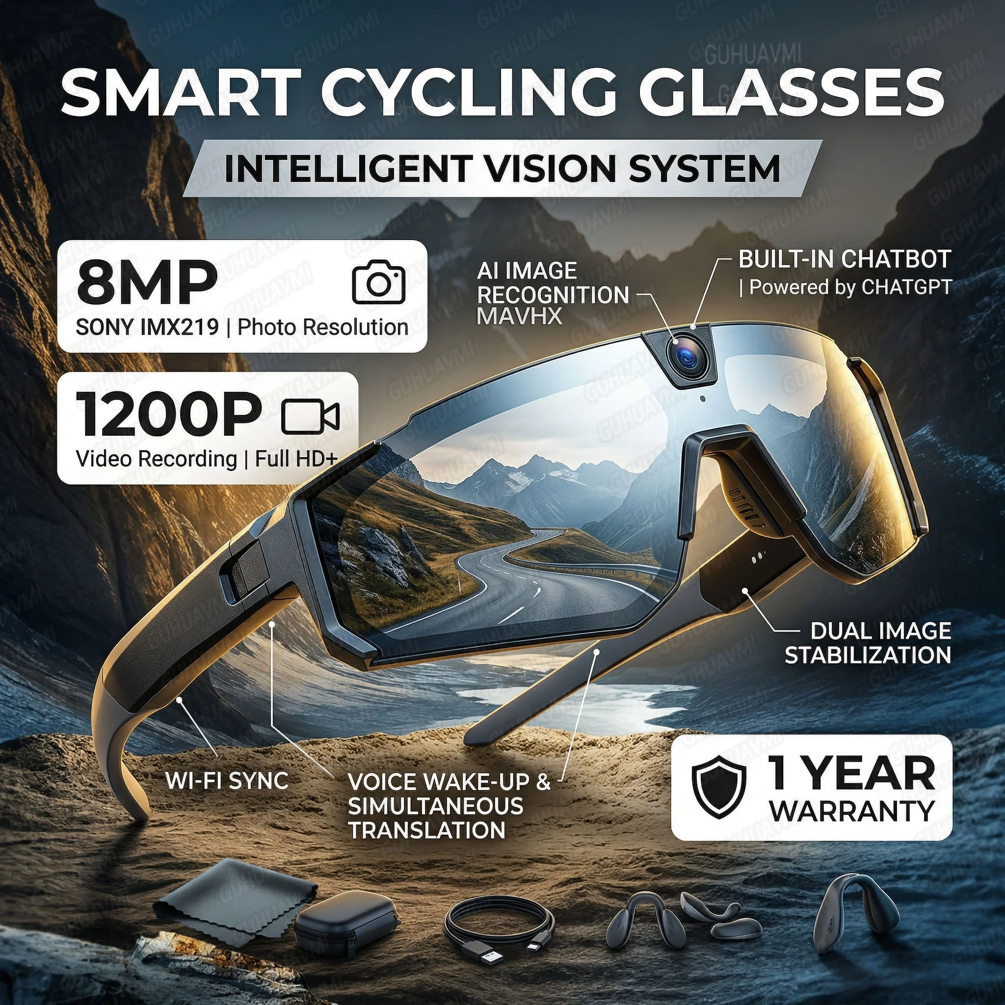 

Умные AI-очки с HD-камерой 1200P, Wi-Fi видеорегистратором, защитой от тряски, поляризованными линзами, голосовым переводом, Bluetooth и функциями для спорта