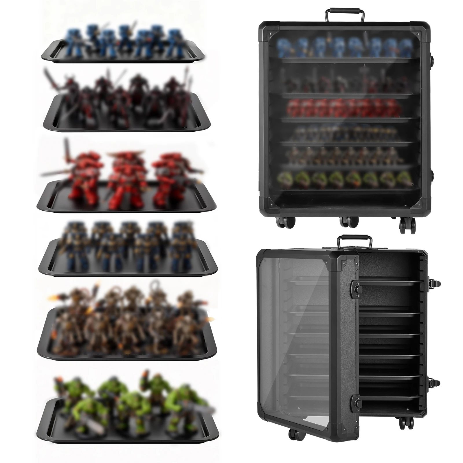 Miniatures Carrying Case with Trolley and Lock, 6 Magnetic Trays, Aluminum Alloy Frame Display Case for Action Figures, 16 * 13 * 18 in