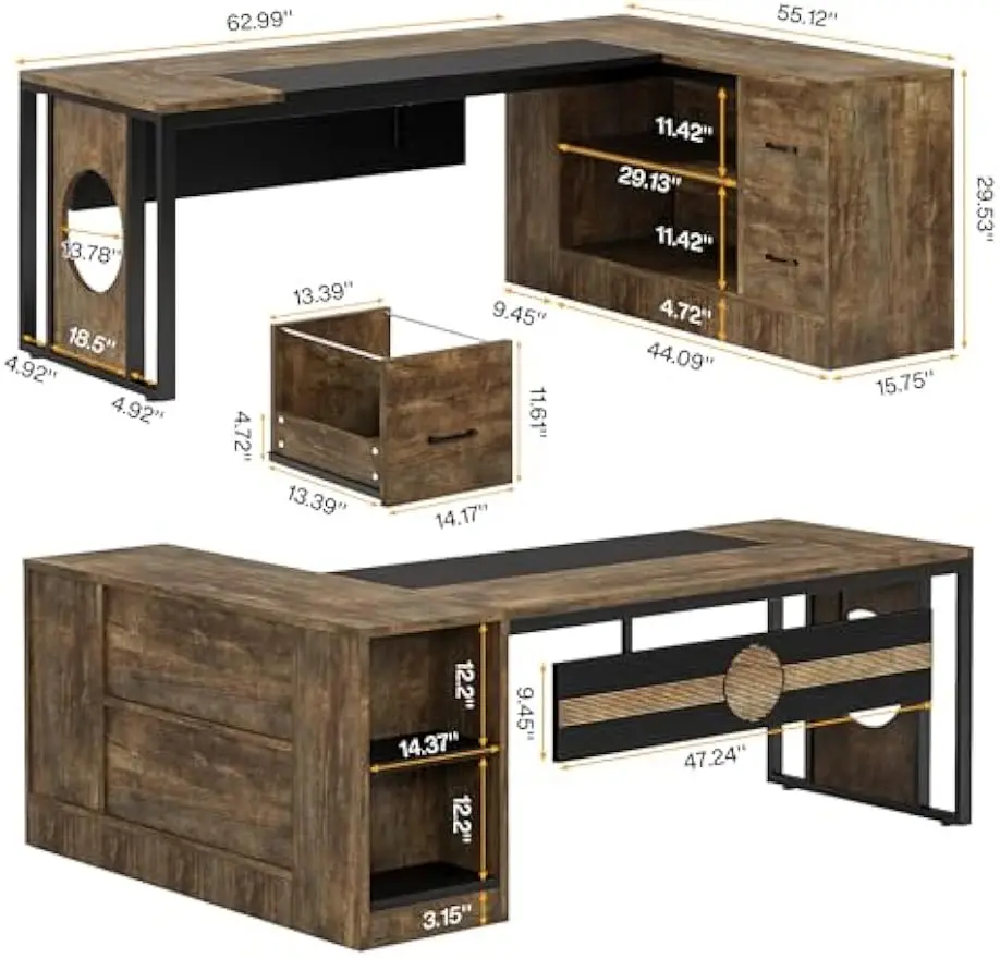 Tribesings L Shaped Desk with 55-Inch Storage Cabinet, Extra Large Executive Office Desk with 2File Drawer, Open Storage Shelves