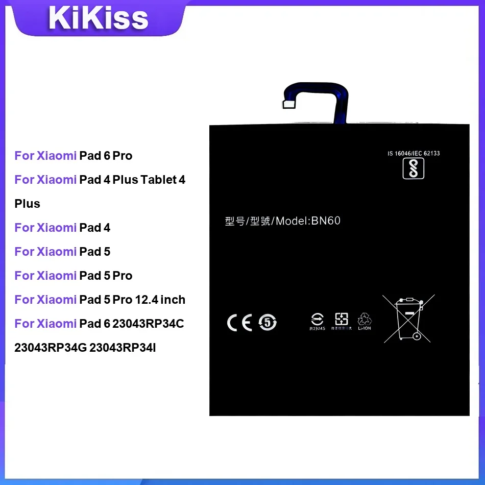 

Аккумулятор для планшетов Xiaomi Pad 6 Pro, 4 Plus, Pad 4, Pad 5, Pad 5 Pro, Pad 5 Pro 12.4 дюйма, Pad 6 (23043RP34C, 23043RP34G)