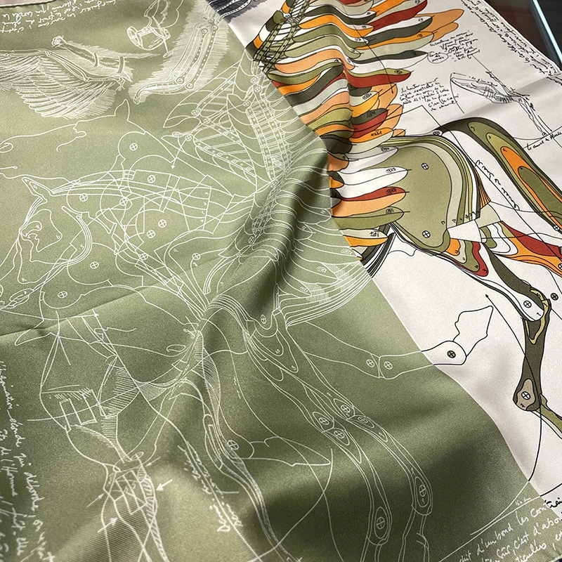 Green Horse Luxury Designer Silk Scarf High Quality Square Bandanas Herm Rolling Edges Shawls Head Bag Accessories Mother Gift