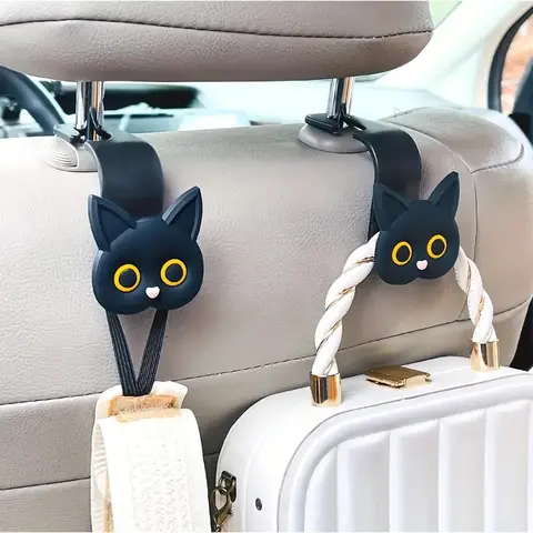 2pcs Adorable 3D Cartoon Cat Car Seat Headrest Hooks - Universal Vehicle Storage Organizer for Handbags, Purses, Coats - Cute Ca