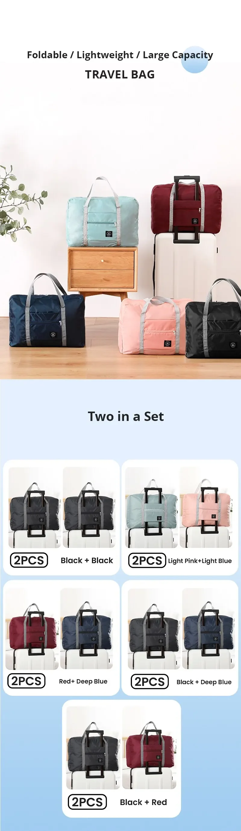 2er-Pack Faltbare Reisetasche für Fluggesellschaften, Handgepäck, Wochenendtasche, Krankenhaustasche, Sporttasche für Damen und Herren – Detail 1