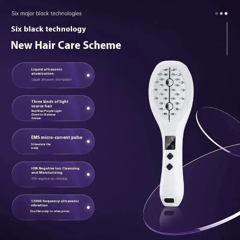 

Массажная расческа для кожи головы с красным, синим и фиолетовым светом, микротоками, отрицательными ионами, вибрацией, ультразвуковым распылением жидкости