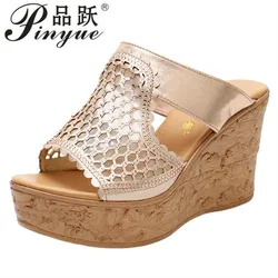 Summer Rhinestone Wedges Heel Women Slippers Platform Peep Toe Height Increasing Slides  Sexy Ladies Shoes Zapatos De Mujer