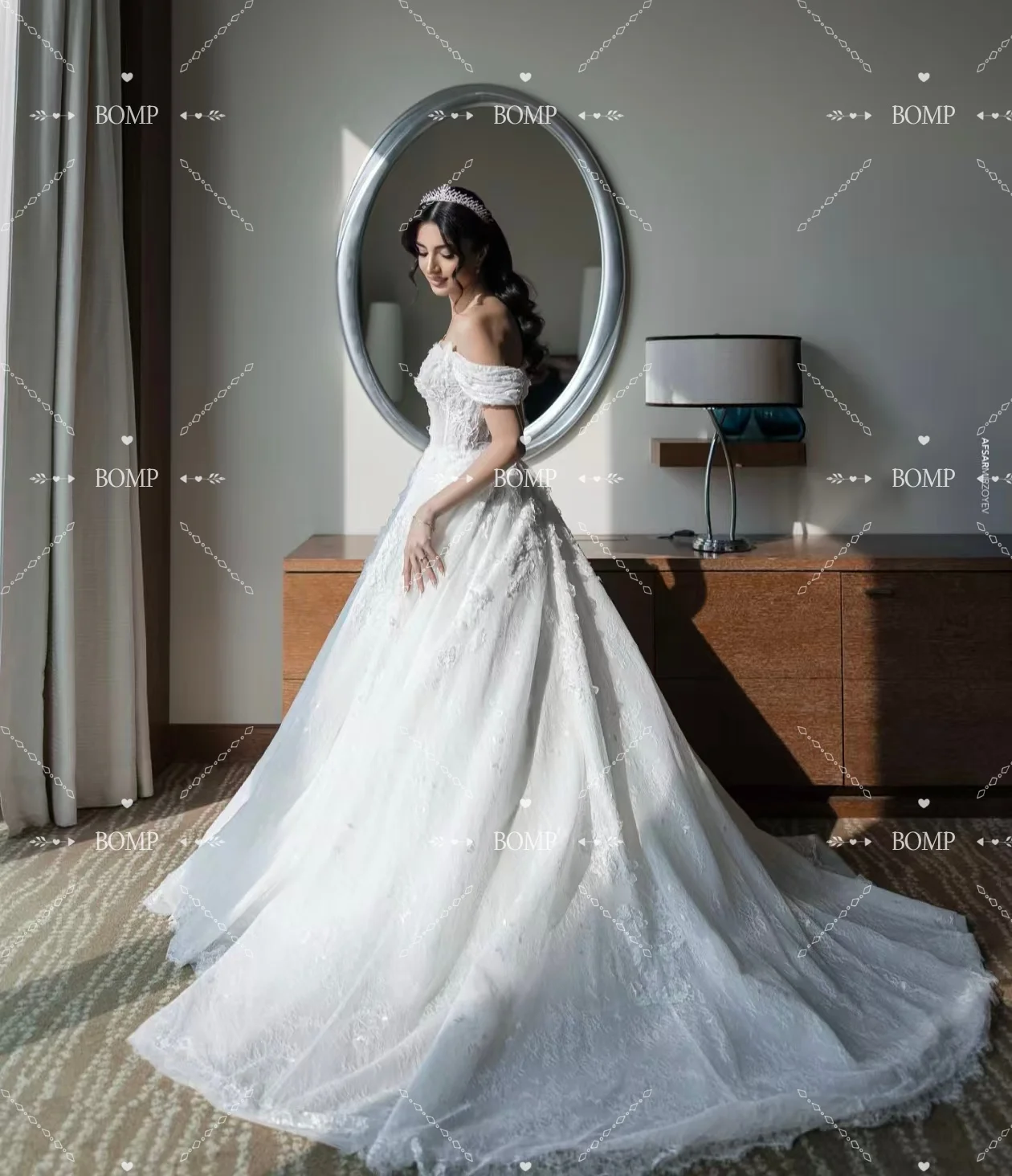 BOMP Princess White Lace Wedding Dress Off Shoulder Appliques Sweep Train A-Line Woman Bridal Gown Customized Robe de mariée