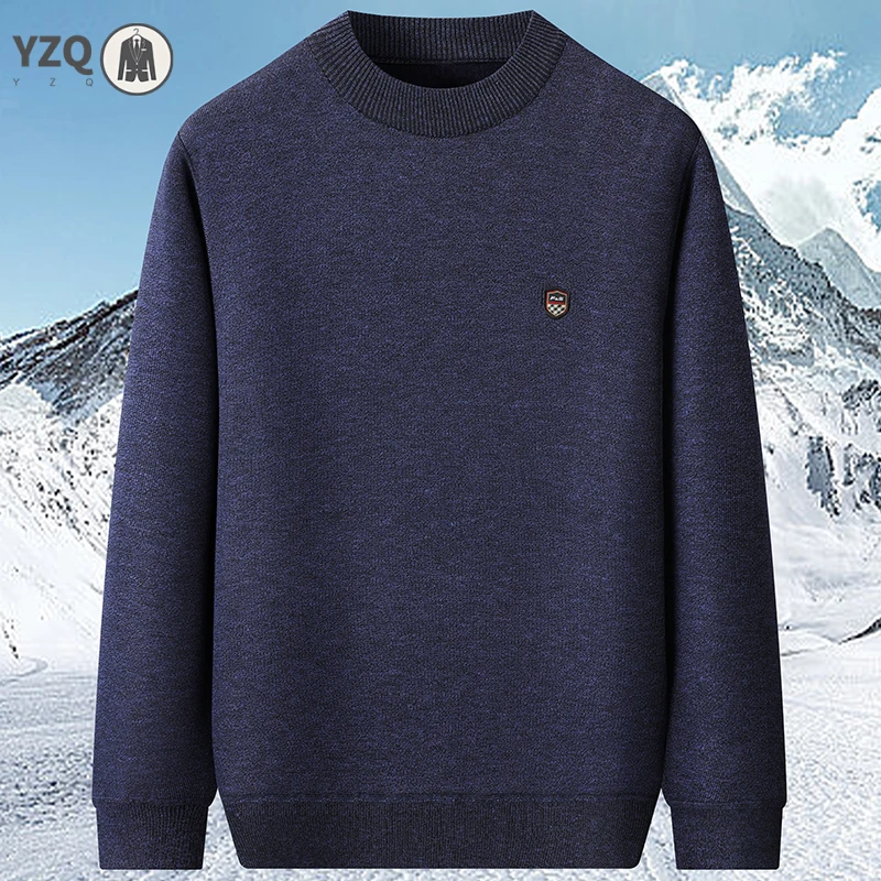 Regular Fit Male Fleece Jumper Plain Knitted Fabric Chest Shield Logo Mock Neck Home Travel Warm Long Sleeve Sweater