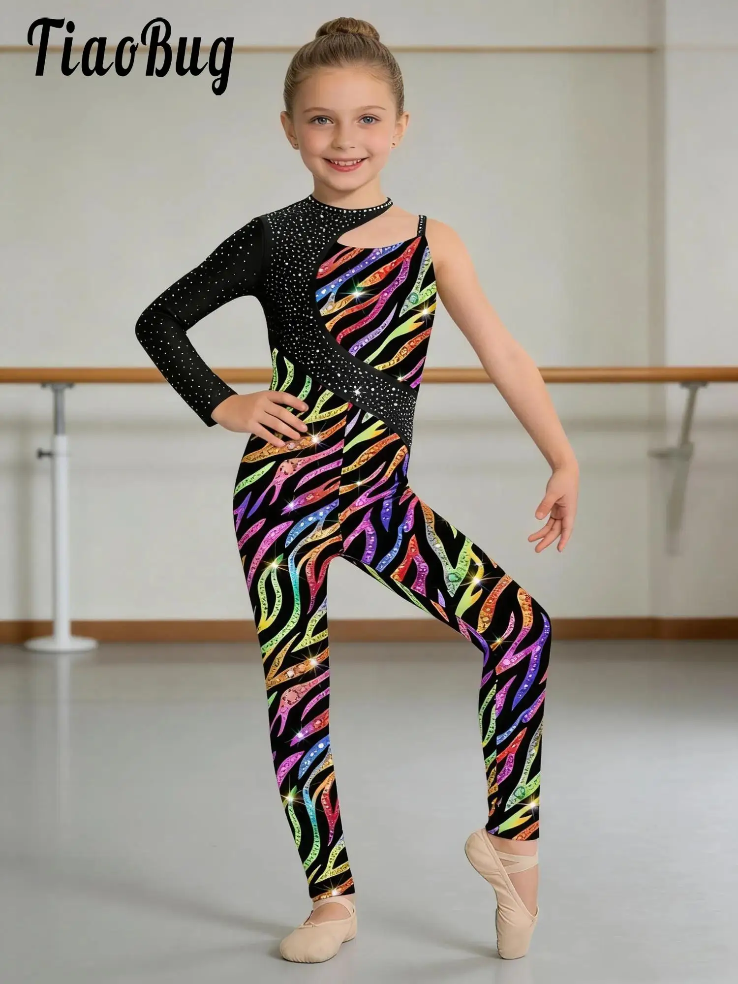 Kids Girls Print Gymnastics Jumpsuits Performance Costume Rhinestones Asymmetrical Figure Skating Ballet Dance Leotard Dancewear