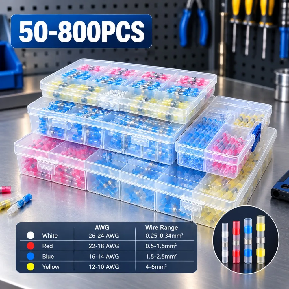 50-800PCS Waterproof Heat Shrink Solder Seal Wire Connectors 26-10 AWG Adhesive Butt Splice Terminal Kit for Cable Repair