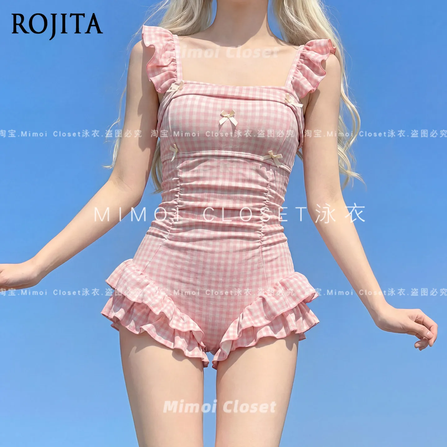 2026 Summer New Sweet Girl Pink Plaid One-piece Swimsuit Beachwear Women Sweet Bow High-end Swimwear Vacation Swimsuit Bikini