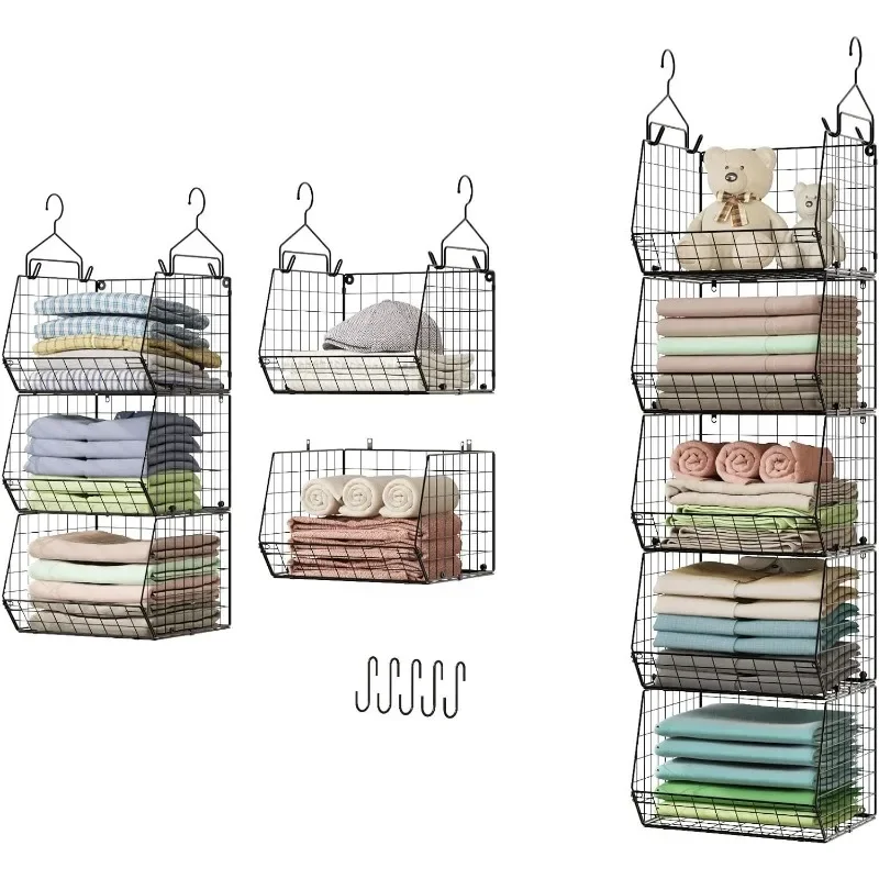 

5 Tier Closet Hanging Organizer, Clothes Hanging Shelves with 4 Hanging Hooks 5 S Hooks, Wire Storage Basket Bins