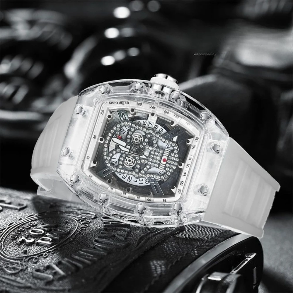 Tonneau Transparent Case Quartz Watches Men Full Diamond Skull Design Waterproof Sport Watches Luminous Calendar Men Wristwatch